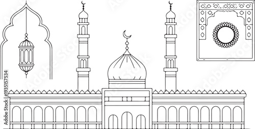 Islamic architecture mosque illustration with minarets and domes and lantern and arabesque designs