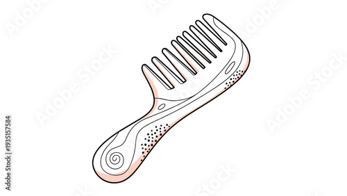 Delicate hand-drawn illustration of a wide-tooth hair comb with soft pink accents and a decorative swirl pattern on the handle for beauty themes.