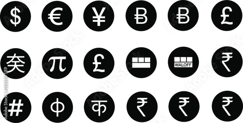 Currency symbols icon set with global money signs dollar euro yen bitcoin rupee finance vector collection