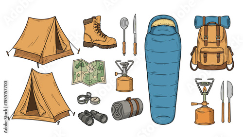 Assorted collection of essential camping gear illustrations such as tents, boots, a sleeping bag, map, compass, and portable stove in natural colors.