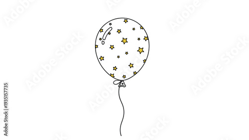 Minimalist illustration of a single white party balloon decorated with small gold stars and tied with a thin black string on a white background.