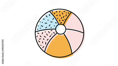 Vibrant colorful beach ball featuring various sections with different patterns like dots and stripes for summer holiday and fun activities.