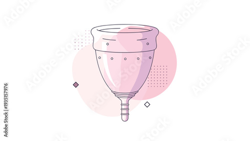 Modern illustration of a pink menstrual cup placed over abstract soft pink shapes and geometric patterns to promote feminine hygiene.