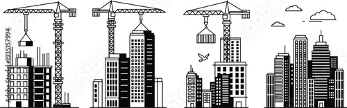 Black and white vector illustration showing four stages of city building construction from initial crane framework to completed urban skyline