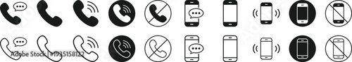 Phone icon set with telephone call symbols, ringing mobile signs, contact us buttons and smartphone communication icons isolated in flat vector style