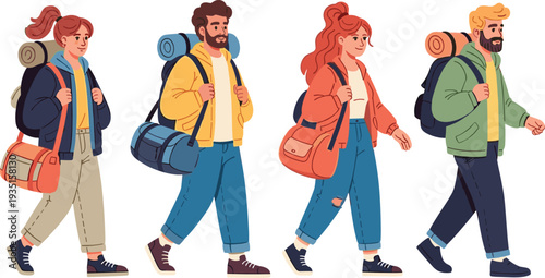 Travelers Hiking with Backpacks Adventure Tourism People Walking with Camping Gear Outdoor Journey Cartoon Vector Illustration Set