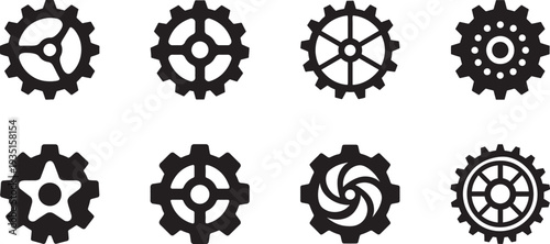 Black gear cogwheel icons set with different designs for industry and tech vector usage.