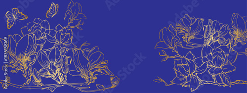 orchid flowers with a golden gradient and butterfly on a blue background.eps