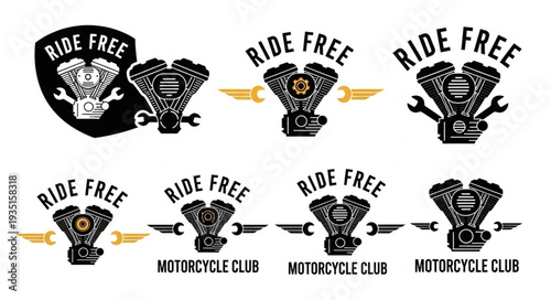 Motorcycle Club Emblem Set Ride Free Engine Design.