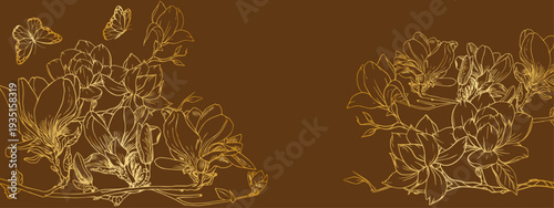 orchid flowers with a golden gradient and butterfly on a blue background.ai