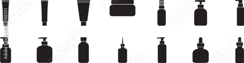 Cosmetic bottle silhouette collection with pump, tube and skincare containers set.