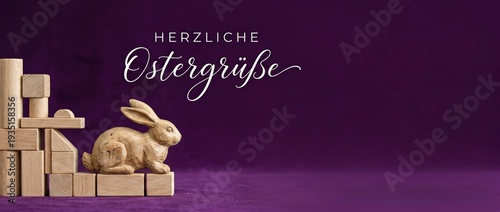 Wooden Easter bunny with building blocks and Herzliche Ostergrüße text, festive greeting for spring holidays, celebration, and childhood joy