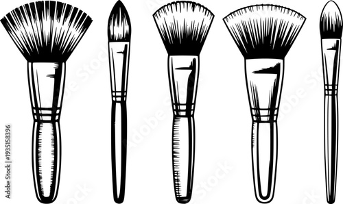 Collection of Black and White Stylized Makeup Brushes White Background beauty cosmetic