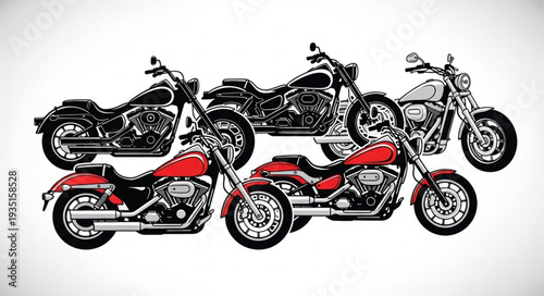 Collection of Chopper Motorcycles on White Background.