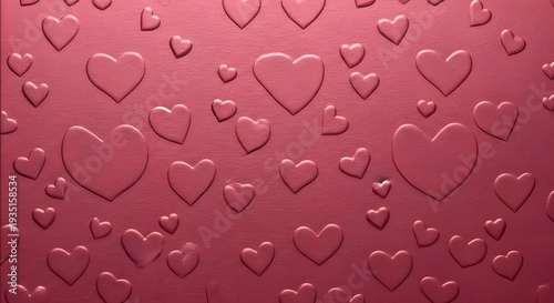 Seamless pattern of embossed hearts on a deep pink or magenta textured background for valentines day or romance theme