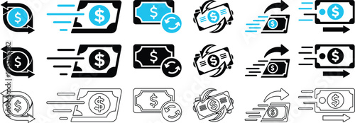 Money Transfer and Cash Flow Vector Icon Set for Financial Transaction and Online Payment