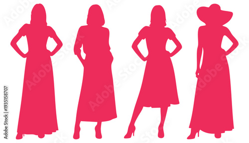 Four women silhouettes in long dresses and pink model .