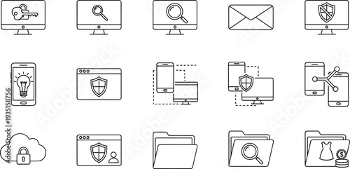 Cyber security and data protection outline icon set with cloud lock shield folder search technology symbols