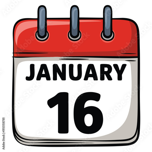 16 January calendar text page monthly web design on red black and white background vector illustration with month of January 16