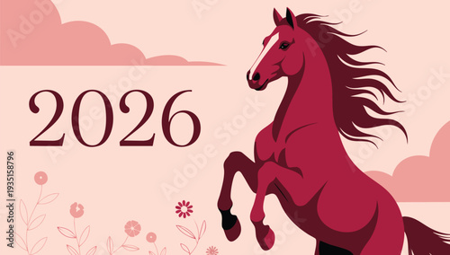 2026 Year of the Horse red horse with flowing mane clouds and flowers on light background modern flat style Chinese New Year vector illustration