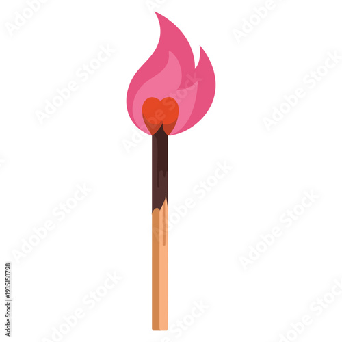 A burning match with heart shape head love on fire romance passion concept hand drawn vector illustration for typographic design Saint Valentines day