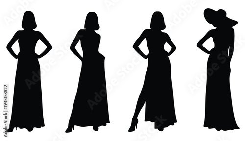 Four women silhouettes in long dresses and model.