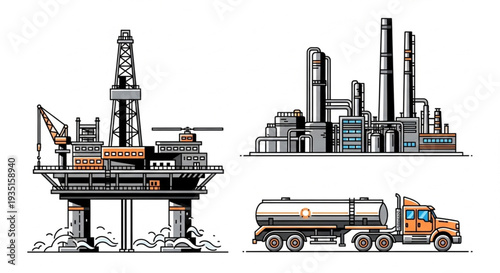 Oil Rig Refinery Truck Illustration.