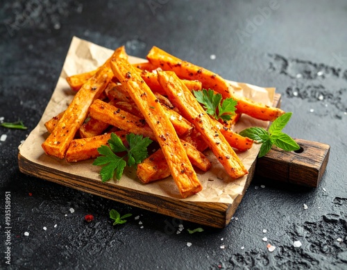 Sweet potato fries with herbs on dark background.