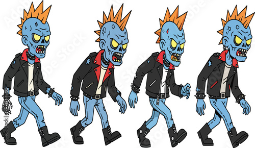 Cartoon punk zombies walking animation sequence, blue skin characters with mohawk hairstyle, leather jackets, ripped jeans, comic or video game undead design