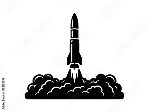 A black and white vector illustration of a military ballistic missile or rocket taking off with a massive smoke cloud, representing defense, war, or space technology.