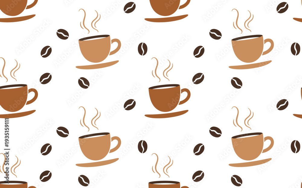 Fototapeta premium Seamless pattern of steaming coffee cups and beans white background