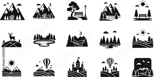 Collection of Nature and Landscape Icons Set with Mountains, Forests, and Outdoor Elements
