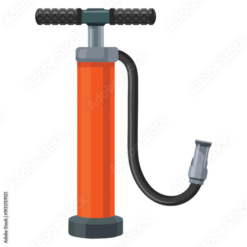 Air pump mechanical device for pumping red cylinder with handle and hose pressure increase bicycle pump vector illustration
