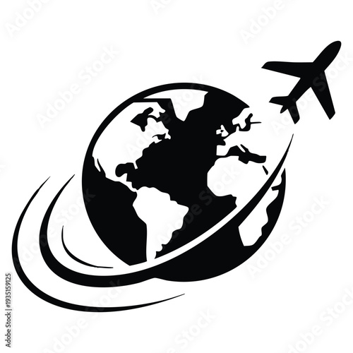 Airplane traveling around the world travel vector with Earth planet icon representing air travel perfect for tourism marketing banners and global journey artwork