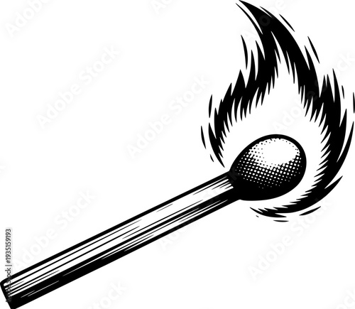 Single burning matchstick with black and white flame and wood stick white background