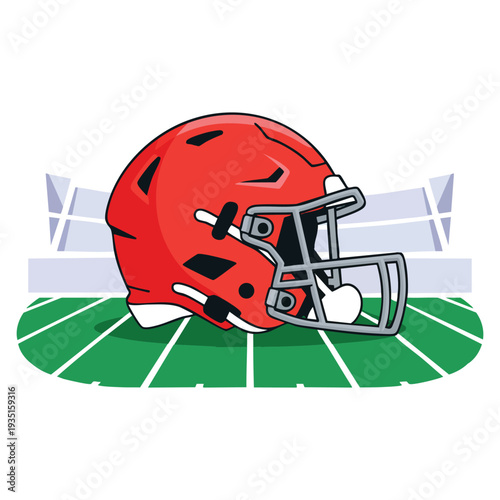 American football helmet over field design for super bowl sport hobby competition game training equipment tournement and play theme vector illustration