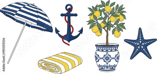 Mediterranean summer beach elements illustration, striped umbrella, nautical anchor rope, lemon tree ceramic pot, starfish, towel, coastal set