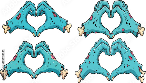 Cartoon zombie hands forming heart shapes, grotesque undead design with stitches, bones, wounds, horror illustration mixing love gesture and creepy character concept