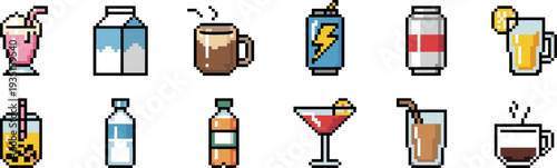 Pixel, art, drink, icons, set, milkshake, milk, coffee, soda, beer, cocktail, juice, bottle, beverage, retro, game, assets, collection, illustration, vintage