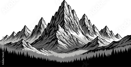 Dramatic Black and White Vector Illustration of a Majestic Mountain Range with Forest