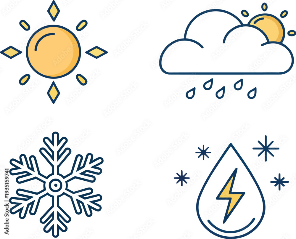 Fototapeta premium Weather Line Icons Set Sun Cloud Rain Snow Lightning Vector