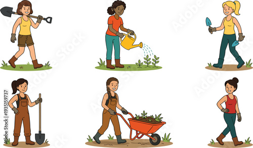 Women Gardening Activities Set Female Gardeners Watering Plants Digging Soil and Working with Garden Tools Cartoon Vector Illustration