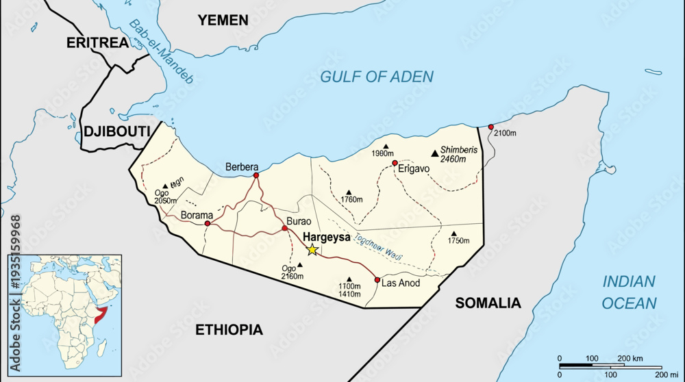 Fototapeta premium Detailed Political and Physical Map of Somaliland and Surrounding Regions in the Horn of Africa