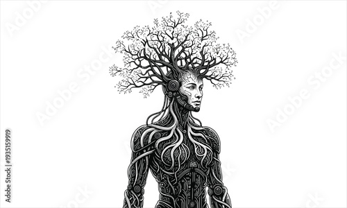 A black and white illustration of a human body with tree roots and branches growing out of it, isolated on white background