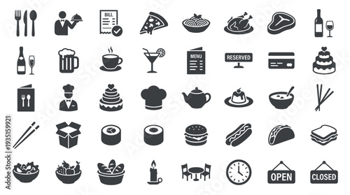 Comprehensive Restaurant and Food Service Icons Collection for Dining and Menu Design