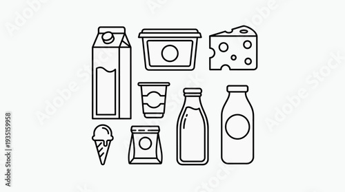 Vector Line Art Dairy Products Icons Set: Milk, Cheese, Butter, Yogurt, Ice Cream, Bottles & Carton Outlines