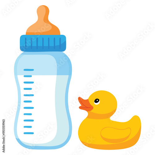 Baby bottle milk with rubber duck isolated icons vector design element ideal for newborn theme nursery branding and baby care artwork