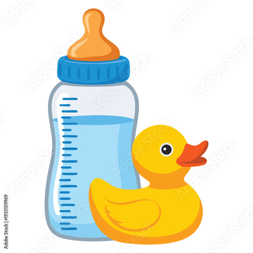 Baby bottle milk with rubber duck isolated icons vector illustration design perfect for newborn care nursery theme and baby shower concept