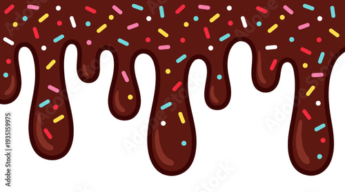 Sweet Chocolate Drips with Colorful Sprinkles on White Background - Delicious Dessert Frosting for Cakes, Cookies & Candy