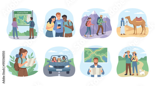 Global Travel & Adventure Illustrations: People Exploring Destinations, Navigating with Maps, Devices & Enjoying Outdoor Journeys